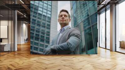 A man in a suit stands in front of a tall building, looking up at the sky Wall mural