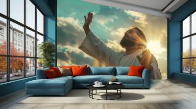 A man in a white robe is reaching up to the sky Wall mural