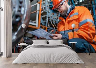 A man in an orange safety jacket is looking at a piece of paper Wall mural