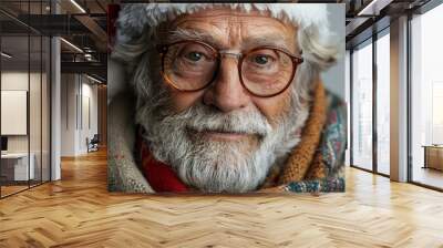 A man wearing a Santa hat and glasses is smiling Wall mural