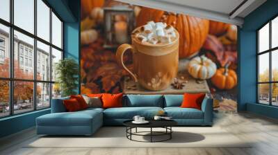 A mug of hot chocolate with marshmallows sits on a table with a pile of pumpkins Wall mural