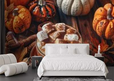 A mug of hot chocolate with marshmallows sits on top of a stack of books Wall mural