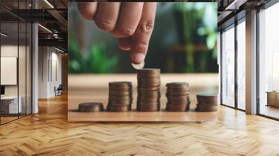 A person is putting coins on top of each other on a table Wall mural