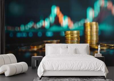 A pile of gold coins sits on a table in front of a graph Wall mural