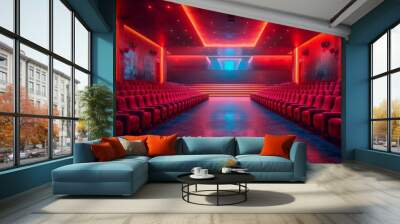 A red and blue movie theater with a red and blue stage Wall mural