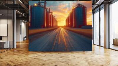 A road with two large grain silos in the background Wall mural