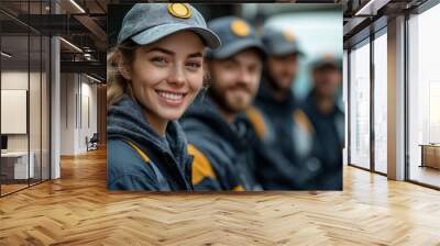 A smiling woman is standing next to three men in blue jackets Wall mural