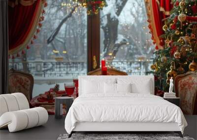 A table with a red tablecloth and a Christmas tree in the background Wall mural