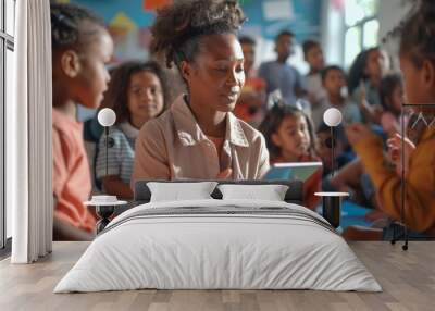 A teacher is reading a tablet to a group of children Wall mural