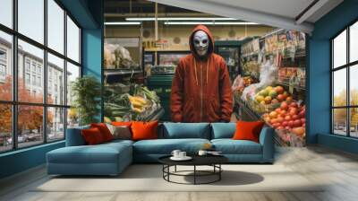 A terrible unrecognizable Criminal, a maniac with a mask on his face and in red clothes is standing in a grocery store. Halloween, underworld, Horror concepts. Wall mural