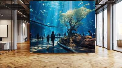 A tour of tourists in a giant aquarium. People admire beautiful fish swimming in clear water through a glass panel. Marine life, Entertainment and fun weekend concepts. Wall mural