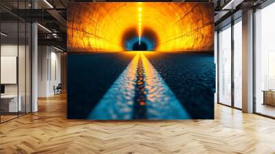 A tunnel with a yellow light at the end Wall mural