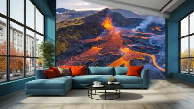 A volcano erupts with lava flowing down its side Wall mural