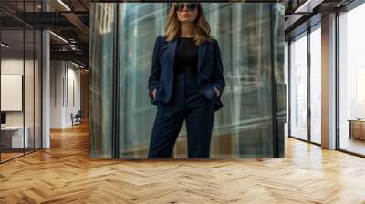 A woman in a business suit stands in front of a glass building Wall mural