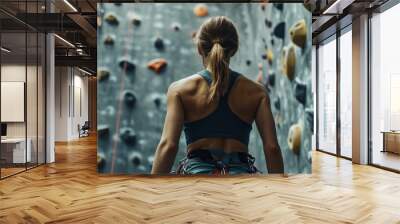 A woman is climbing a wall with a rope around her waist Wall mural