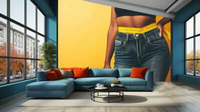 A woman is holding a tape measure and wearing blue jeans Wall mural