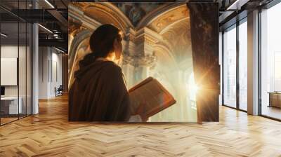 A woman is reading a book in a large room with a sunbeam shining on her Wall mural