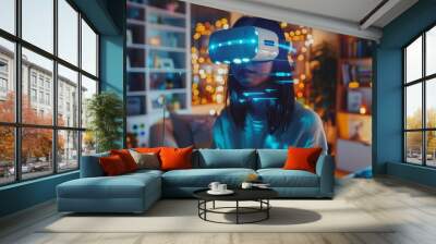 A woman is wearing a virtual reality headset and sitting in a living room Wall mural