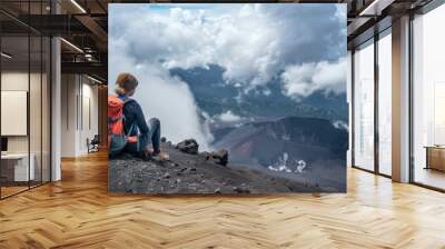 A woman sits on a mountain top with a backpack on her back Wall mural