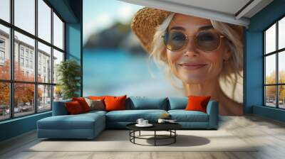 A woman wearing a straw hat and sunglasses is smiling at the camera Wall mural