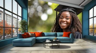 A woman with a black cap and gown is smiling Wall mural