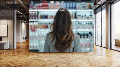 A woman with long brown hair is shopping in a store Wall mural