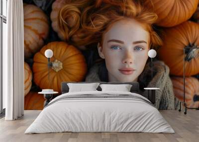 A woman with red hair lays on a bed of pumpkins Wall mural