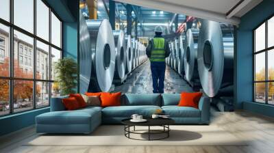 A worker in a yellow vest walks through a factory with large rolls of metal Wall mural