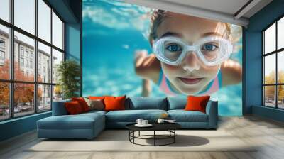 A young girl is swimming in a pool wearing goggles Wall mural