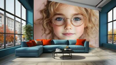 A young girl with curly blonde hair and blue eyes is wearing glasses Wall mural