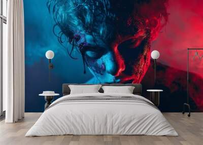 A young man with blue and red hair is covered in glitter and has a bloody face Wall mural