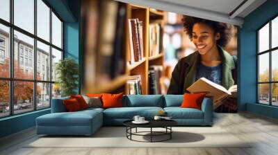 A young smiling black woman is reading an interesting book standing next to the bookshelves in the library. Knowledge, Reading, Hobbies and leisure concepts. Horizontal photo from copy space. Wall mural