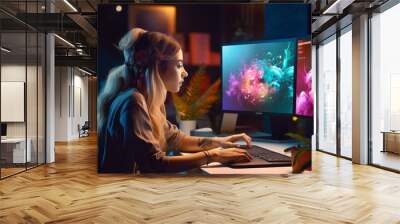 A young woman draws colored graphics behind computer monitors in the workplace. An artist, creative Graphic designer, Retoucher is engaged in his favorite work, Hobby. Wall mural