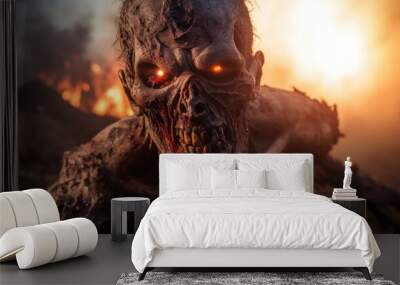 A zombie monster with red eyes and a mouth full of teeth Wall mural