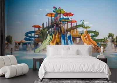 Beautiful colorful slides and swimming pool in Aqua park Summer entertainment, vacation concepts. Wall mural