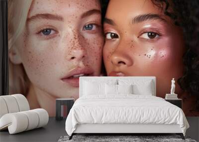 Capturing a moment of intimacy, two models showcase their natural makeup and unique beauty through light, freckled skin, and a subtle glow, creating an inviting atmosphere Wall mural