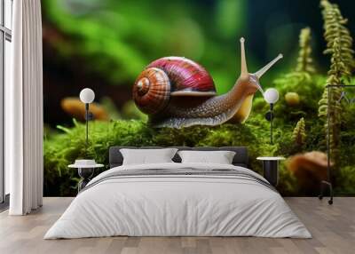 Close-up of a snail with a maroon shell on the surface of green moss in the Forest. Summer, Animals, Wildlife concepts. Horizontal photo. Wall mural