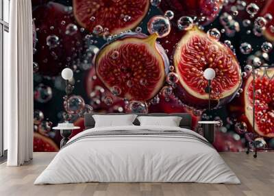 Fresh figs float in clear water, surrounded by bubbles. The rich colors and unique textures create a captivating view of the fruits as they drift gently Wall mural