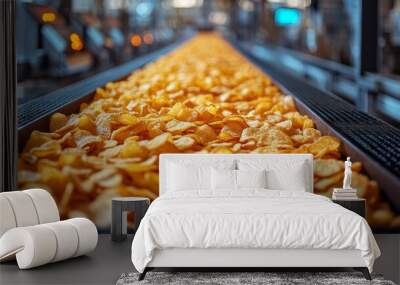 Freshly made potato chips cascade down the conveyor, showcasing their golden crispness in a bustling production environment Wall mural