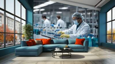 Microbiology researchers conduct experiments and drug analyses in a modern medical laboratory. Medicine, science, pharmacy, pandemic concepts Wall mural