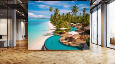 Paradise Tropical landscapes, islands with water villas with pools, stunning beach, azure sea and palm trees against the blue sky on a sunny day. Exotic tourism, summer vacations, Travel concepts. Wall mural