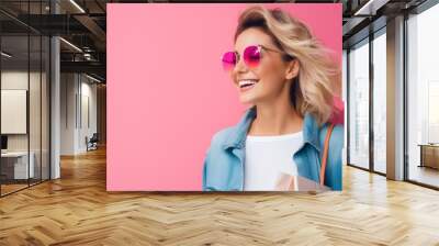 Photo of a close-up of a Cheerful happy woman enjoying shopping on a pink background --ar 16:9 --v 5.2 Job ID: b25359d5-e950-41e2-b2a8-47f5eb3ebe19 Wall mural