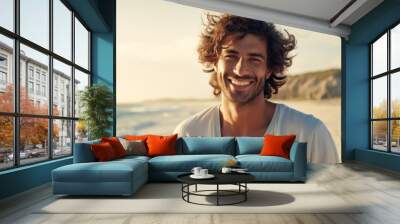 Portrait of a happy smiling athletic curly-haired young man wearing a white T-shirt, looking at the camera on the beach of the sea. Hobbies and Recreation, Summer, Travel, Lifestyle, Vacation concepts Wall mural