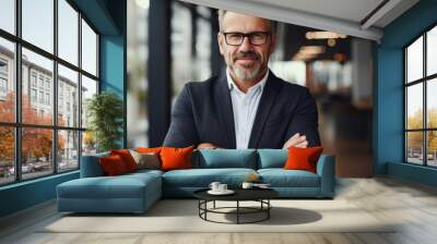 Portrait of a successful mature boss, entrepreneur, company director, businessman wearing glasses and a stylish suit, looking at the camera with crossed arms in a modern office. Wall mural