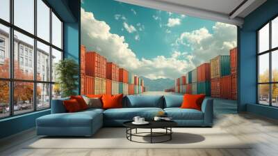 Rows of vibrant shipping containers stretch into the distance, surrounded by a stunning blue sky filled with fluffy white clouds Wall mural