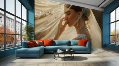 The bride appears thoughtful, adorned in an exquisite wedding dress, surrounded by soft light and veils, capturing a moment of tranquility before the ceremony Wall mural