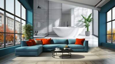 This image showcases a modern bathroom with a sleek, freestanding bathtub, a large window, and a plant in a decorative pot.  Wall mural