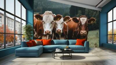 Three cows standing in a field with a cloudy sky in the background Wall mural