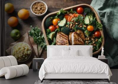 Top view of a plate with a balanced healthy meal of avocado, chicken slices, broccoli, cherry tomatoes, parsley and herbs on a brown wooden background with citrus fruits Wall mural