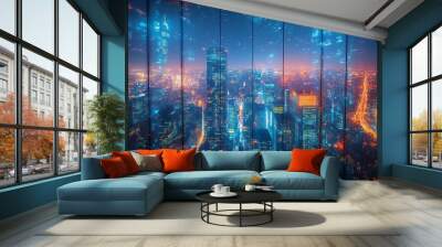 Twinkling city lights dance across the skyline as night falls, revealing a stunning urban landscape filled with life and energy Wall mural